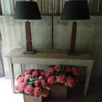 Pair of Red Painted Table Lamps Made Of 18th Century Oak Columns.