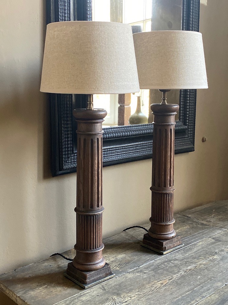 Pair of Wooden Table Lamps - Historic Oak Coloums