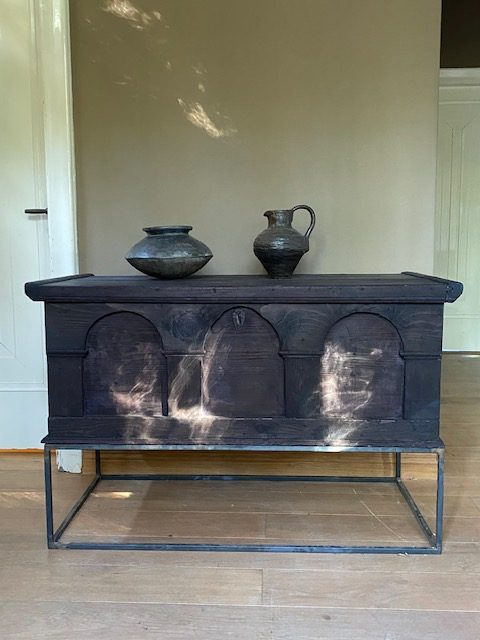 Black 18th Century Chest on Ironstand 
