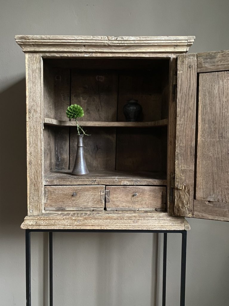 Small 18th Century Oak Cabinet on Iron Stand  