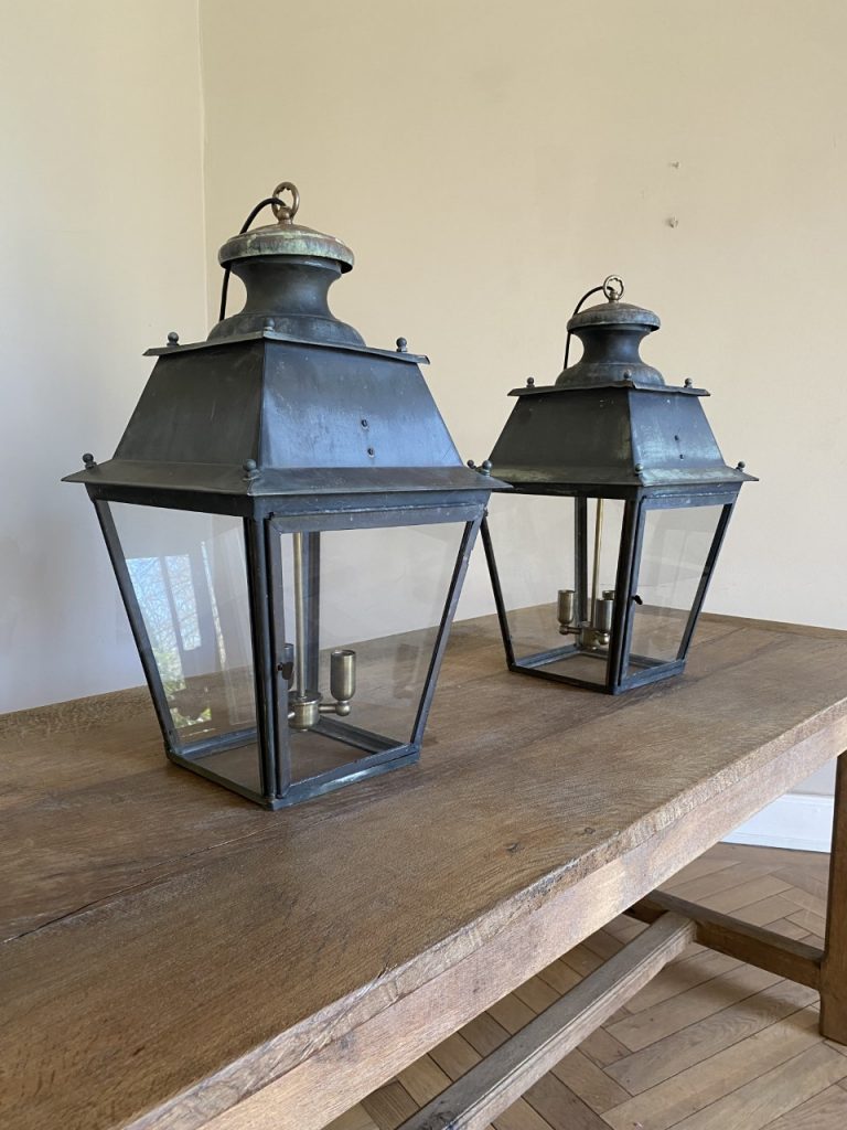 Pair of Antique French Verdigris Hanging Lanterns 