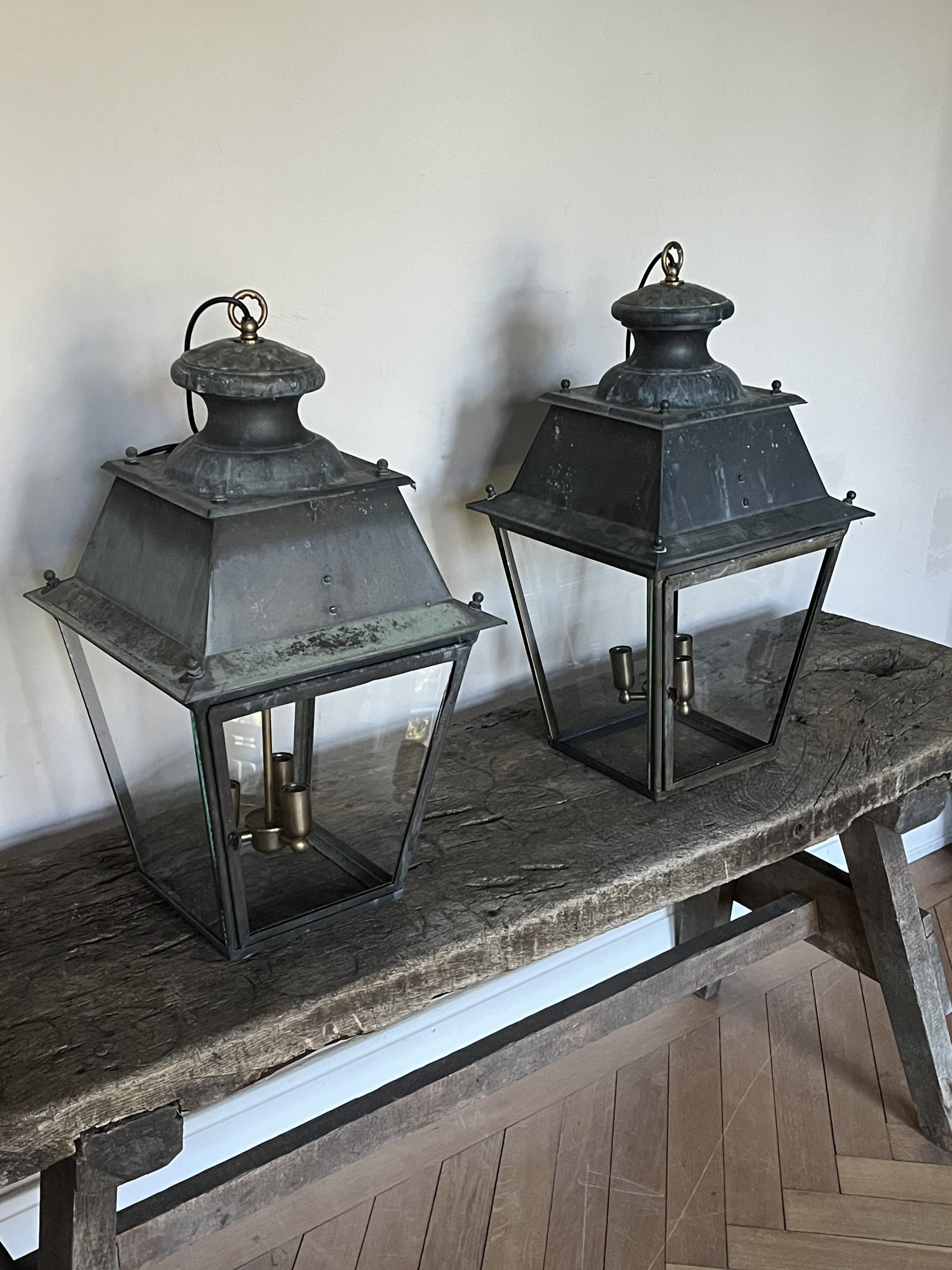 Pair of French verdigris lanterns (Pair No. I) 