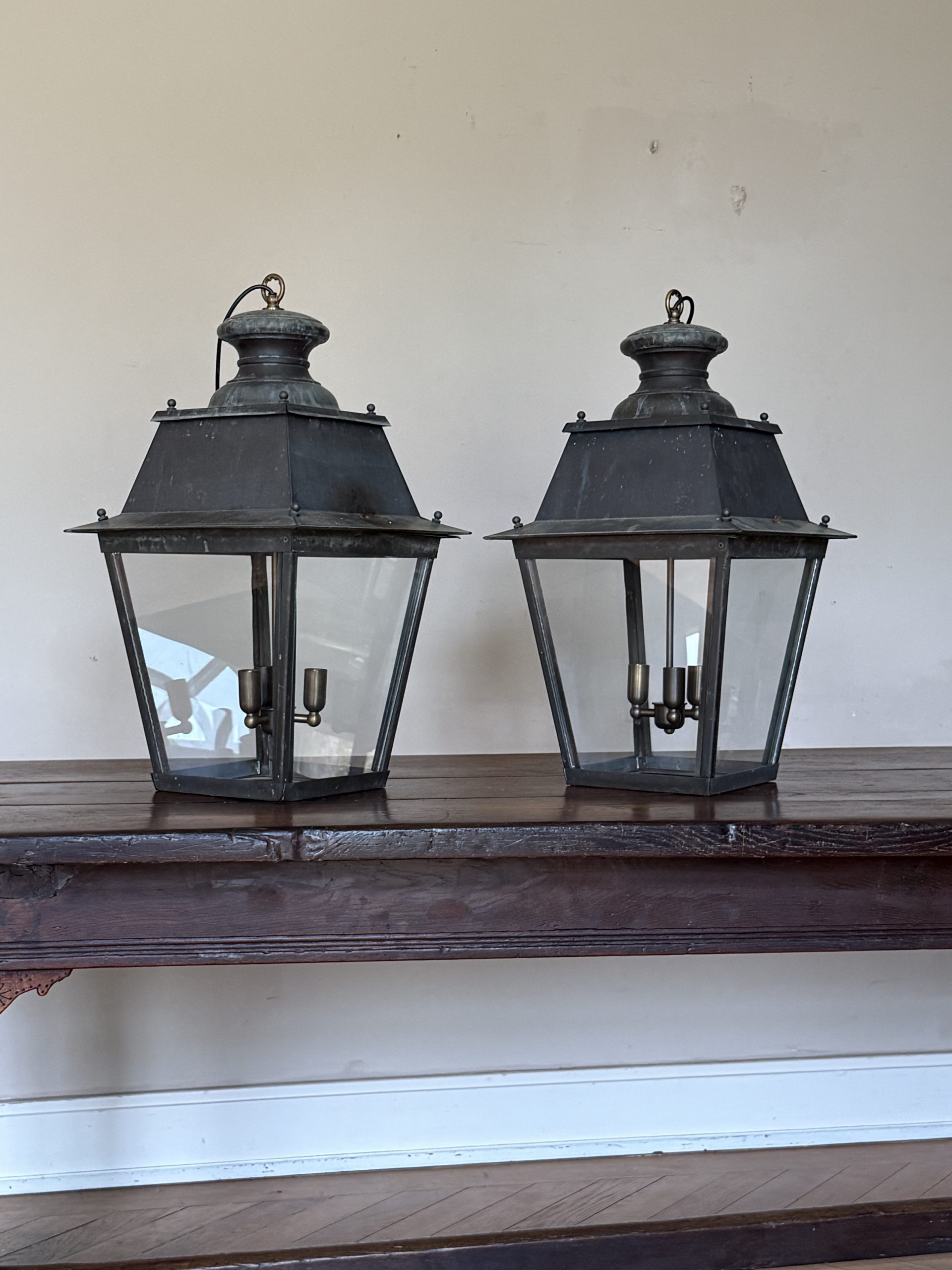 Pair of French Verdigris Hanging Lanterns - Pair No. 3